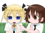  2girls blonde_hair blue_eyes brown_eyes brown_hair burger eating food french_fries fusuma_(suwaru_boom) hair_ribbon highres kill_me_baby long_hair multiple_girls necktie open_mouth oribe_yasuna ribbon school_uniform sharing_food shirt short_hair sonya_(kill_me_baby) twintails white_background 