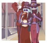  1boy 3girls archnemon arm_behind_head bag breasts digimon digimon_(creature) digimon_adventure digimon_adventure_02 digimon_ghost_game dress dual_persona earrings eating enodgmxa handbag hat holding jewelry long_hair multiple_girls mummymon red_dress sleeveless sleeveless_dress smile sunglasses white_hair yellow_eyes 