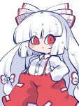  1girl baggy_pants blunt_bangs blunt_ends blush bow buttons chahan_(fried_rice0614) chibi collar collared_shirt cowboy_shot expressionless fujiwara_no_mokou hair_bow hands_in_pockets highres long_hair long_sleeves looking_at_viewer ofuda ofuda_on_clothes pants red_bow red_eyes red_pants red_suspenders shirt simple_background solo suspenders touhou two-tone_bow very_long_hair white_background white_bow white_collar white_hair white_shirt 