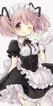  &gt;3&lt; 1girl :3 absurdres apron black_dress dress highres hitode kaname_madoka kyubey mahou_shoujo_madoka_magica maid maid_apron maid_headdress one_eye_closed pink_eyes pink_hair solo thigh-highs thighs twintails white_apron white_background white_headdress white_thighhighs 