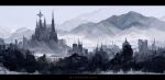  2girls amenohi architecture black_hair black_robe building chinese_commentary commentary copyright_name highres hiking holding_hands hooded_robe letterboxed logo mountain mountainous_horizon multiple_girls original pink_hair print_robe robe scenery snow white_robe 