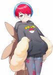  1girl absurdres backpack bag black_shorts blue_hair brown_bag closed_mouth commentary_request glasses grey_eyes grey_pantyhose highres hood hood_down hoodie multicolored_hair pantyhose penny_(pokemon) poke_ball_print pokemon pokemon_sv redhead round_eyewear see-through see-through_skirt short_hair shorts simple_background skirt solo two-tone_hair white_background wo_chi_xiangjiao_pi 