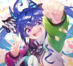  1girl :d ahoge animal_ears blue_eyes blue_hair bow clenched_hand commentary crossed_bangs drawstring hair_between_eyes hair_bow hand_up hen_(1push300m) heterochromia hood hoodie horse_ears horse_girl light_rays long_hair long_sleeves looking_at_viewer multicolored_background multicolored_clothes multicolored_hoodie open_mouth outstretched_arm raised_fist sharp_teeth sidelocks smile solo striped striped_bow stuffed_animal stuffed_rabbit stuffed_toy teeth twin_turbo_(umamusume) twintails umamusume upper_body upper_teeth_only violet_eyes w 