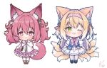  2girls animal_ear_fluff animal_ears arknights bag blush bow bowtie center_cross_lace chibi chinese_commentary colored_tips commentary_request cross-laced_clothes cross-laced_top fang fox_ears fox_girl fox_tail green_eyes hair_between_eyes hairband highres kitsune kyuubi long_sleeves looking_at_viewer multicolored_hair multiple_girls multiple_tails open_mouth pink_bow pink_bowtie pink_eyes pink_hair pink_hairband pleated_skirt puffy_long_sleeves puffy_sleeves purple_skirt qingye_tuanzi shamare_(arknights) shirt shoulder_bag signature simple_background skirt standing suzuran_(arknights) tail thigh-highs twintails two-tone_hair white_background white_hair white_shirt white_skirt white_thighhighs 