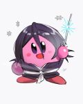  :d black_hair bleach cosplay highres holding holding_sword holding_weapon japanese_clothes katana kirby kuchiki_rukia kuchiki_rukia_(cosplay) no_humans open_mouth smile snowflakes solo sword waligner weapon white_background 