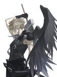  1boy absurdres arm_ribbon armor black_cape black_gloves black_shirt black_wings blonde_hair cape cloud_strife cowboy_shot dododo facing_to_the_side feathered_wings fenrir_(final_fantasy) final_fantasy final_fantasy_vii final_fantasy_vii_advent_children first_ken gloves hair_over_eyes highres holding holding_sword holding_weapon male_focus over_shoulder pink_ribbon popped_collar ribbon shirt short_hair shoulder_armor single_shoulder_pad single_wing sleeveless sleeveless_shirt solo spiky_hair sword waist_cape weapon weapon_over_shoulder white_background wings wolf 