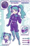  1girl absurdres april_jubilees aqua_eyes aqua_footwear aqua_gloves aqua_hair boots chibi chibi_inset color_guide crossover english_commentary formula_one gloves hatsune_miku head_tilt headset helmet highres japanese_flag looking_at_viewer mercedes-benz pirelli racing_suit smile solo_focus twintails v vocaloid wheel 