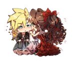  1boy 1girl :3 aerith_gainsborough bare_shoulders blonde_hair blue_eyes blush braid brown_hair chibi clenched_hands cloud_strife crossdressing curly_hair dress final_fantasy final_fantasy_vii final_fantasy_vii_remake flamenco_dress frilled_dress frills full_body grey_dress hair_between_eyes hair_ribbon holding holding_clothes holding_dress kieta long_dress looking_at_another official_alternate_costume parted_bangs ponytail red_dress red_ribbon ribbon spiky_hair strapless strapless_dress sweatdrop transparent_background twin_braids 