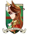  1girl aiguillette animal_ears ascot brown_hair cape character_name closed_mouth commentary_request epaulettes from_side green_jacket hair_between_eyes happy_birthday highres horse_ears horse_girl jacket long_hair multicolored_hair red_cape simple_background single_epaulette smile solo streaked_hair symboli_rudolf_(umamusume) tokiwa_png umamusume upper_body violet_eyes white_ascot white_background white_hair 