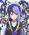  1girl :o ascot black_hair blue_hair brooch carron_(waccha_primagi!) carron_(waccha_primagi!)_(rabbit) closed_mouth commentary_request detached_collar dolldolldd dual_persona expressions frills ghost hat highres jewelry korean_commentary long_hair looking_to_the_side multicolored_hair multiple_views open_mouth pretty_series purple_hair rabbit surprised sweatdrop upper_body violet_eyes waccha_primagi! white_ascot 