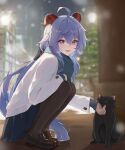  1girl absurdres ahoge alternate_costume black_cat black_pantyhose blue_hair blurry blurry_background blush brown_footwear casual cat ganyu_(genshin_impact) genshin_impact highres horns jacket jiang_zhuti_jiojio long_hair looking_at_viewer looking_to_the_side outdoors pantyhose petting sheep_horns sidelocks smile snowing solo squatting very_long_hair white_jacket 