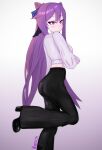 1girl absurdres ass back bell-bottoms cone_hair_bun double_bun from_behind full_body hair_bun hair_ears highres keqing_(genshin_impact) kotash long_hair looking_back no_mouth non-web_source pants purple_hair self-upload shirt simple_background solo twintails violet_eyes white_background white_shirt