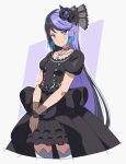  1girl alternate_costume black_dress black_gloves black_hair blue_hair breasts carron_(waccha_primagi!) carron_(waccha_primagi!)_(rabbit) character_hair_ornament closed_mouth commentary_request cowboy_shot dolldolldd dress frilled_dress frills gloves hair_ornament highres jewelry korean_commentary long_hair looking_at_viewer medium_breasts multicolored_hair necklace own_hands_together pretty_series puffy_short_sleeves puffy_sleeves purple_hair see-through_gloves short_sleeves smile solo standing thigh-highs very_long_hair violet_eyes waccha_primagi! white_thighhighs 