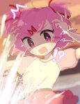 !? 1girl ^^^ anzen_robo_(474zz) arms_up artist_name blurry blurry_background bright_pupils commentary_request doki_doki_literature_club explosion fang hair_ornament hair_ribbon highres natsuki_(doki_doki_literature_club) open_mouth pink_eyes pink_hair pink_skirt pink_sleeves pleated_skirt puffy_short_sleeves puffy_sleeves red_ribbon ribbon shaded_face shirt shirt_tucked_in short_hair short_sleeves sidelocks skin_fang skirt solo sweat swept_bangs t-shirt twintails twitter_username two_side_up v-shaped_eyebrows white_pupils white_shirt x_hair_ornament