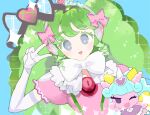  1girl blue_background bow colored_eyelashes commentary_request dress elbow_gloves falulu gloves green_hair grey_eyes hair_bow hand_up headphones heart long_hair looking_at_viewer moudoku_(decopon3rd) one_eye_closed open_mouth pink_bow pink_dress power_symbol pretty_series pripara puffy_short_sleeves puffy_sleeves short_sleeves sidelocks smile sparkle stuffed_unicorn tiara twintails unicorn_(pripara) upper_body v violet_eyes white_bow white_gloves 