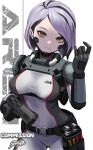  1girl armor armored_bodysuit belt belt_pouch black_hair bodysuit breasts commentary_request commission explosive grenade grey_hair gun handgun highres holding holding_gun holding_weapon holster looking_at_viewer medium_breasts multicolored_hair original pouch short_hair shoulder_armor signature skeb_commission solo streaked_hair sunao_(70_the) trigger_discipline two-tone_hair weapon yellow_eyes 