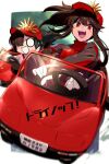  2girls black_hair breasts car chibi driving echo_(circa) fate/grand_order fate_(series) jacket koha-ace long_hair long_sleeves looking_at_viewer motor_vehicle multiple_girls oda_nobunaga_(fate) open_mouth ponytail red_eyes red_jacket sidelocks small_breasts smile translation_request 