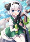  1girl black_hairband black_ribbon blue_eyes blush cowboy_shot frilled_skirt frills green_skirt green_vest grey_hair hair_ribbon hairband highres holding holding_sword holding_weapon katana konpaku_youmu konpaku_youmu_(ghost) looking_at_viewer open_mouth ribbon short_hair skirt smile solo suzuno_naru sword touhou vest weapon 