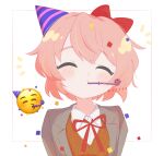  1girl ^3^ ^_^ anzen_robo_(474zz) artist_name blush bow brown_hair brown_sweater_vest closed_eyes closed_mouth collared_shirt commentary confetti doki_doki_literature_club emoji grey_jacket hair_between_eyes hair_bow hat jacket lapels mouth_hold neck_ribbon notice_lines open_clothes open_jacket party_hat party_horn purple_headwear red_bow red_ribbon ribbon sayori_(doki_doki_literature_club) school_uniform shirt short_hair sidelocks simple_background solo sweater_vest tilted_headwear twitter_username upper_body white_background white_shirt wing_collar 