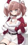  1girl alternate_costume atlanta_(kancolle) breasts brown_hair capelet choker dress earrings fur-trimmed_dress fur-trimmed_headwear fur_trim gloves hat highres jewelry kantai_collection large_breasts long_hair looking_at_viewer merry_christmas red_capelet red_headwear santa_dress santa_gloves santa_hat sitting smile solo two_side_up white_dress yoshino_(mfmfpng) 