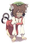  1girl absurdres all_fours animal_ears barefoot bow bowtie brown_eyes brown_hair cat_ears cat_girl cat_tail chen dress feet green_headwear highres looking_at_viewer multiple_tails red_dress seika_okawari shirt solo tail toes touhou white_background white_bow white_bowtie white_shirt 