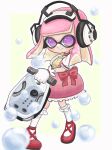  1girl artist_name bloblobber_(splatoon) border commentary_request dress frilled_dress frills gloves headphones highres holding holding_weapon inkling inkling_girl mina_p pink_dress pink_hair puffy_sleeves red_footwear shoes short_hair short_sleeves simple_background smile soap_bubbles solo splatoon_(series) splatoon_3 violet_eyes weapon white_border white_gloves white_sleeves yellow_background 