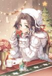  1girl aerith_gainsborough aqua_nails blurry blurry_background box brown_hair candle christmas_present christmas_stocking christmas_tree closed_mouth coat earrings final_fantasy final_fantasy_vii final_fantasy_vii_ever_crisis final_fantasy_vii_remake fingerless_gloves flower gift gift_box gloves green_eyes hair_ribbon hand_in_own_hair head_on_hand highres holding holding_gift hood hood_down hooded_coat jewelry kieta leaning_on_table light_blush long_hair long_sleeves looking_at_viewer nail_polish official_alternate_costume parted_bangs red_flower red_ribbon ribbon smile snow_globe snowflake_earrings solo upper_body vase wavy_hair white_gloves white_headwear winter_clothes winter_coat 