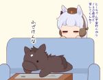  12_billion_yen_incident 1girl =_= animal_ears blunt_bangs brown_headwear chibi commentary_request couch gold_ship_(umamusume) gomashio_(goma_feet) grey_hair headgear horse horse_ears horse_girl long_hair minimized newspaper pillbox_hat reading real_life stay_gold_(racehorse) translated umamusume 