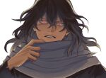  1boy black_hair black_shirt boku_no_hero_academia eraser_head_(boku_no_hero_academia) grey_scarf hair_between_eyes long_sleeves looking_at_viewer male_focus messy_hair mustache_stubble parted_lips red_eyes rnuyvm scar scar_on_face scarf shirt simple_background solo sparse_stubble upper_body white_background 