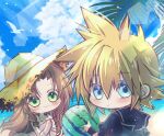  1boy 1girl :3 aerith_gainsborough arestear0701 beach bikini bird black_sailor_collar blonde_hair blue_eyes blush bracelet brown_hair chibi cloud_strife final_fantasy final_fantasy_vii final_fantasy_vii_ever_crisis food fruit green_eyes hair_between_eyes hat highres holding holding_food holding_fruit jewelry lace long_hair looking_at_viewer ocean official_alternate_costume outdoors own_hands_clasped own_hands_together palm_tree parted_bangs pink_bikini sailor_collar short_hair sidelocks spiky_hair straw_hat swimsuit tree upper_body watermelon wavy_hair wristband 