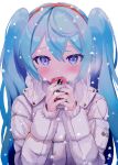  1girl alternate_costume aqua_hair aqua_nails blue_eyes blush can coat commentary drink hair_between_eyes hairband hatsune_miku highres holding holding_can holding_drink long_hair looking_at_viewer simple_background snow snowing solo takepon1123 twintails upper_body very_long_hair vocaloid white_background 