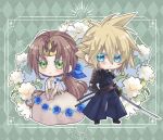  1boy 1girl aerith_gainsborough aqua_eyes arestear0701 armor black_footwear black_gloves blonde_hair blue_eyes blue_flower blue_ribbon blue_rose bridal_gauntlets brown_hair chibi cloud_strife dress dress_flower final_fantasy final_fantasy_vii final_fantasy_vii_ever_crisis final_fantasy_vii_remake floral_background flower furrowed_brow gloves gold_trim green_background green_eyes hair_between_eyes hair_flower hair_ornament hair_ribbon hakama highres holding holding_sword holding_weapon japanese_armor japanese_clothes katana long_dress official_alternate_costume own_hands_together parted_bangs ponytail ribbon rose see-through see-through_sleeves short_hair shoulder_armor smile spiky_hair standing sword tiara v_arms weapon white_dress white_flower white_sleeves 