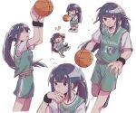  1girl :d alternate_hairstyle arm_up arms_up ball basketball basketball_(object) basketball_jersey basketball_uniform black_eyes black_hair blunt_bangs blush character_name chibi chinese_commentary closed_eyes closed_mouth commentary_request cowboy_shot cropped_legs dribbling_(basketball) flying_sweatdrops foot_out_of_frame from_side full_body green_shorts hand_on_own_chin hand_up holding holding_ball leg_up long_hair looking_ahead looking_at_object looking_at_viewer looking_up midriff_peek motion_lines multiple_views navel no_mouth nose_blush outstretched_arm parted_lips playing_sports ponytail rei931218 shirt shoes short_sleeves shorts shoujo_kageki_revue_starlight simple_background smile sneakers speed_lines sportswear standing standing_on_one_leg sweat sweatband tsuyuzaki_mahiru two_side_up upper_body very_long_hair white_background white_footwear white_shirt wiping_face wiping_sweat wristband |_| 