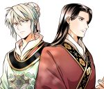  1karyaku 2boys black_hair chinese_clothes earrings frown gold_trim grey_eyes grey_hair highres jewelry kou_reishin li_kouyuu looking_at_another male_focus multiple_boys saiunkoku_monogatari simple_background stud_earrings sweatdrop upper_body white_background 