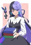  1girl :d black_dress black_hair blue_hair book book_stack brooch carron_(waccha_primagi!) carron_(waccha_primagi!)_(rabbit) collared_shirt commentary_request cowboy_shot dolldolldd dress dual_persona highres holding holding_book jewelry korean_commentary long_hair long_sleeves looking_at_viewer multicolored_hair open_mouth pretty_series purple_hair rabbit shirt smile standing very_long_hair violet_eyes waccha_primagi! white_shirt 