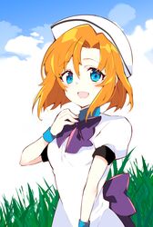  1girl :d back_bow beret blue_eyes blue_wrist_cuffs blush bob_cut bow commentary day dress eyelashes grass hair_between_eyes hand_up hat highres higurashi_no_naku_koro_ni looking_at_viewer open_mouth orange_hair outdoors puffy_short_sleeves puffy_sleeves purple_bow ryuuguu_rena short_hair short_sleeves simple_background smile solo suzuragi_karin upper_body white_background white_dress white_headwear wrist_cuffs 