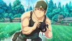  1boy baseball_cap belt biceps black_tank_top brown_eyes brown_hair camera collarbone day dog_tags glasses grass hat highres higurashi_no_naku_koro_ni higurashi_no_naku_koro_ni_mei hinamizawa holding holding_camera house looking_at_viewer male_focus muscular muscular_male nature official_art outdoors pants scenery short_hair sky sleeveless smile solo sparkle tank_top tomitake_jirou tree triceps village 