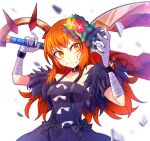  1girl bandaged_arm bandages black_choker black_dress choker closed_mouth dress facial_mark feather_trim fire_emblem fire_emblem_engage flower hair_flower hair_ornament holding holding_weapon kanemitsu411 long_hair looking_at_viewer makeup orange_hair panette_(fire_emblem) solo weapon white_background yellow_eyes 
