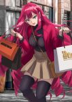  1girl bag baobhan_sith_(fate) black_sweater boots breasts brown_skirt curly_hair fate/grand_order fate_(series) grey_eyes handbag highres jacket ksfactory leggings medium_breasts open_mouth pointy_ears red_jacket redhead shopping_bag skirt sweater zettai_ryouiki 