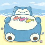  absurdres beach closed_eyes commentary_request highres momo_irone no_humans official_art one_eye_closed pokemon pokemon_(creature) seashell shell sky snorlax sweatdrop tatsugiri tatsugiri_(curly) tatsugiri_(droopy) tatsugiri_(stretchy) water 