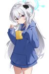  1girl absurdres blue_archive blue_halo blue_hoodie blush braid closed_mouth cowboy_shot cup grey_hair hair_between_eyes halo highres holding holding_cup hood hood_down hoodie long_hair long_sleeves looking_at_viewer miyako_(blue_archive) one_side_up seijiikeuchi simple_background solo violet_eyes white_background 