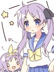  &gt;:( 2girls :3 arm_at_side black_bow blue_sailor_collar blush bow closed_mouth commentary_request frown hair_bow hair_ribbon hand_on_own_hip haruchimo hiiragi_kagami hiiragi_tsukasa long_hair looking_at_viewer lucky_star multiple_girls o_o open_mouth parted_bangs puffy_short_sleeves puffy_sleeves purple_hair ribbon sailor_collar school_uniform serafuku shirt short_hair short_sleeves siblings simple_background sisters sketch smile solo_focus sound_effects star_(symbol) twins twintails upper_body v-shaped_eyebrows violet_eyes white_background white_shirt yellow_bow yellow_ribbon 