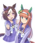  2girls animal_ears as&#039;maria bow bowtie brown_hair clenched_hands closed_mouth cropped_torso ear_bow ear_covers green_eyes hands_up horse_ears horse_girl horse_tail long_hair long_sleeves looking_at_viewer multicolored_hair multiple_girls open_mouth orange_hair purple_shirt purple_skirt sailor_collar school_uniform shirt silence_suzuka_(umamusume) skirt special_week_(umamusume) tail tracen_school_uniform two-tone_hair umamusume upper_body v_ar violet_eyes 