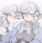 2boys alternate_costume animal blue_hair blush brothers closed_mouth coat cozmez_(paradox_live) earmuffs gloves grey_coat grey_gloves highres holding holding_animal looking_at_viewer male_focus mittens multicolored_hair multiple_boys paradox_live purple_hair scarf seal_(animal) shirota69 short_hair short_ponytail siblings twins white_mittens white_scarf winter_clothes yatonokami_kanata yatonokami_nayuta