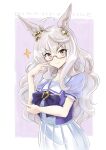  1girl ahoge animal_ears as&#039;maria biwa_hayahide_(umamusume) bow bowtie breasts closed_mouth elbow_rest glasses grey_hair hair_ornament hand_up highres horse_ears long_hair looking_at_viewer purple_shirt red-tinted_eyewear sailor_collar semi-rimless_eyewear shirt short_sleeves skirt small_breasts solo sparkle tinted_eyewear umamusume upper_body v-shaped_eyebrows white_skirt yellow_eyes 