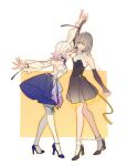  2134twone 2girls black_dress black_footwear black_sleeves blue_footwear chinese_commentary closed_eyes commentary_request dancing detached_sleeves dress gradient_hair grey_hair high_heels highres honkai:_star_rail honkai_(series) march_7th_(honkai:_star_rail) medium_hair multicolored_hair multiple_girls open_mouth outstretched_arms parted_lips pink_hair purple_dress ribbon see-through see-through_sleeves smile stelle_(honkai:_star_rail) strapless strapless_dress thigh-highs trailblazer_(honkai:_star_rail) twitter_username two-tone_dress white_background white_dress white_thighhighs yellow_background yellow_eyes yellow_ribbon yuri 