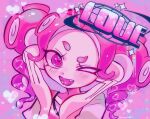  1girl absurdres english_text eyelashes heart heart-shaped_pupils highres octoling octoling_girl one_eye_closed open_mouth payayo884 pink_background pink_eyes solo sparkle splatoon_(series) symbol-shaped_pupils teeth thick_eyebrows twintails upper_body 