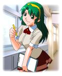  1girl clipboard green_eyes green_hair hairband holding holding_clipboard holding_pencil indoors long_hair looking_at_viewer miniskirt non-web_source official_art pencil photoshop_(medium) red_skirt school_uniform shoko_(super_real_mahjong) short_sleeves skirt solo super_real_mahjong 