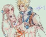  1boy 1girl aerith_gainsborough aqua_ribbon black_choker blonde_hair blue_eyes blue_vest braid braided_ponytail breasts brown_gloves brown_hair carrying choker closed_mouth cloud_strife cosplay crystal dress final_fantasy final_fantasy_ix final_fantasy_vii final_fantasy_vii_ever_crisis final_fantasy_vii_remake frilled_dress frills garnet_til_alexandros_xvii garnet_til_alexandros_xvii_(cosplay) gloves green_eyes hair_ribbon jewelry juliet_sleeves long_dress long_hair long_sleeves looking_back medium_breasts official_alternate_costume orange_dress parted_bangs parted_lips pendant princess_carry puffy_sleeves ribbon shirt short_hair sidelocks single_braid sketch sleeveless sleeveless_turtleneck smile spiky_hair turtleneck twitter_username upper_body vest wakakusa-e wavy_hair white_shirt zidane_tribal zidane_tribal_(cosplay) 