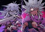 2boys :q brown_hair clenched_teeth commentary_request dark-skinned_male dark_skin duel_disk grey_hair lightning male_focus millennium_ring multiple_boys red_eyes smile spiky_hair teeth tongue tongue_out upper_body violet_eyes yagamikan yami_bakura yami_marik yu-gi-oh! yu-gi-oh!_duel_monsters 